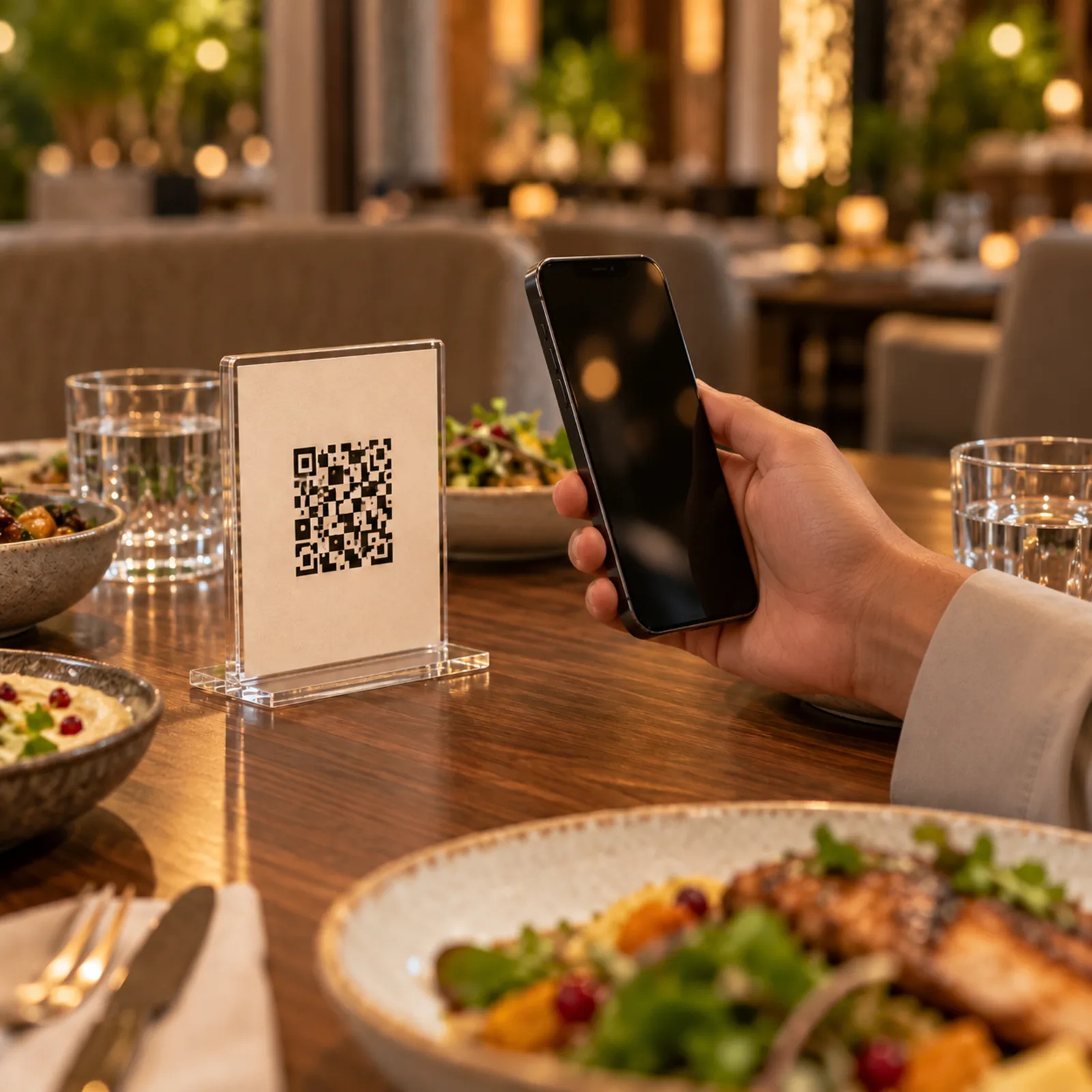 ضيف يمسح قائمة QR على الطاولة بهاتفه