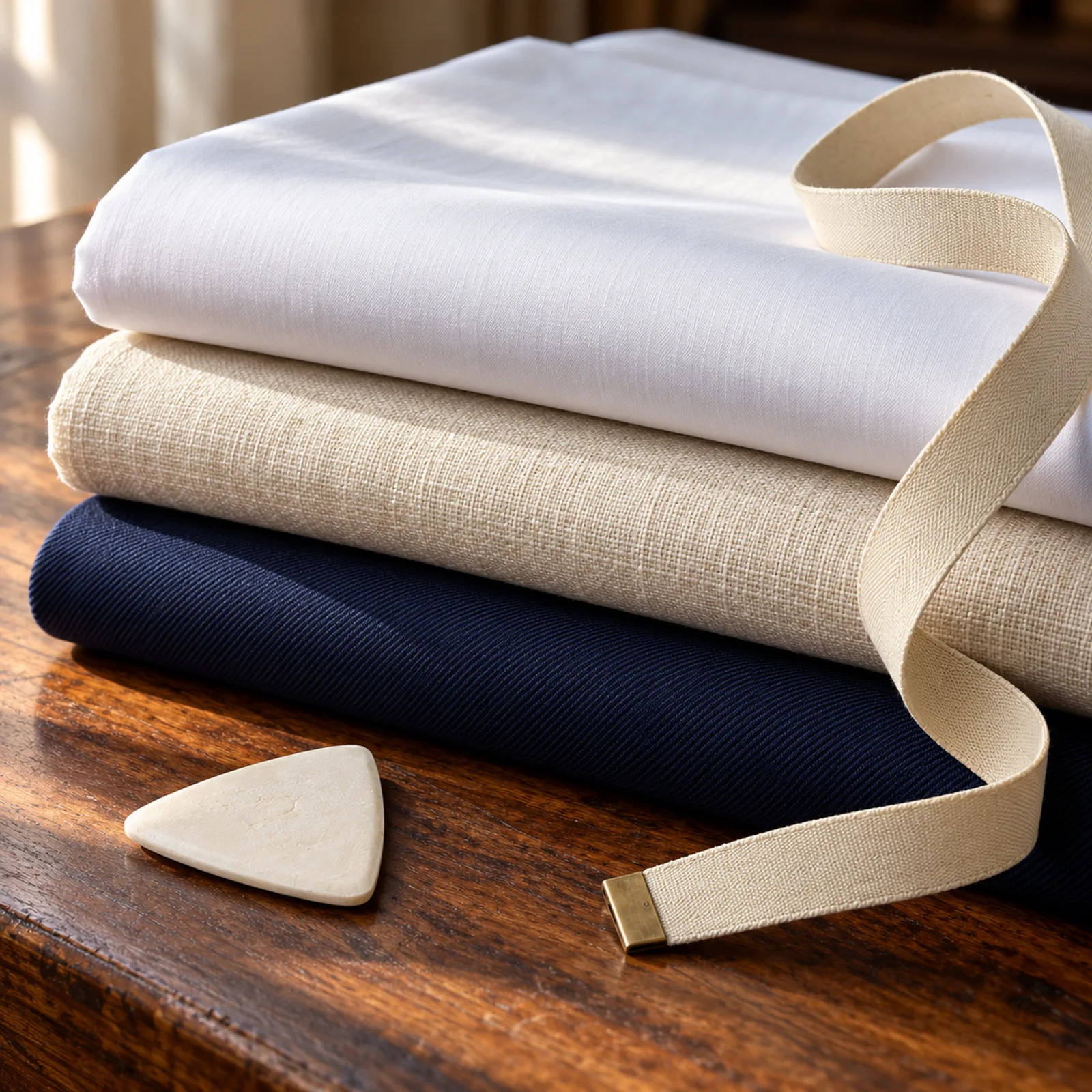 Folded premium fabrics with tailor's chalk and tape