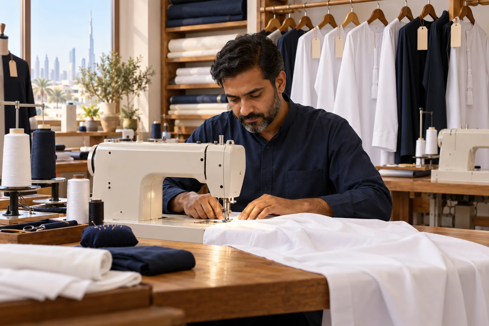 Tailor working at a sewing machine in a bright workshop