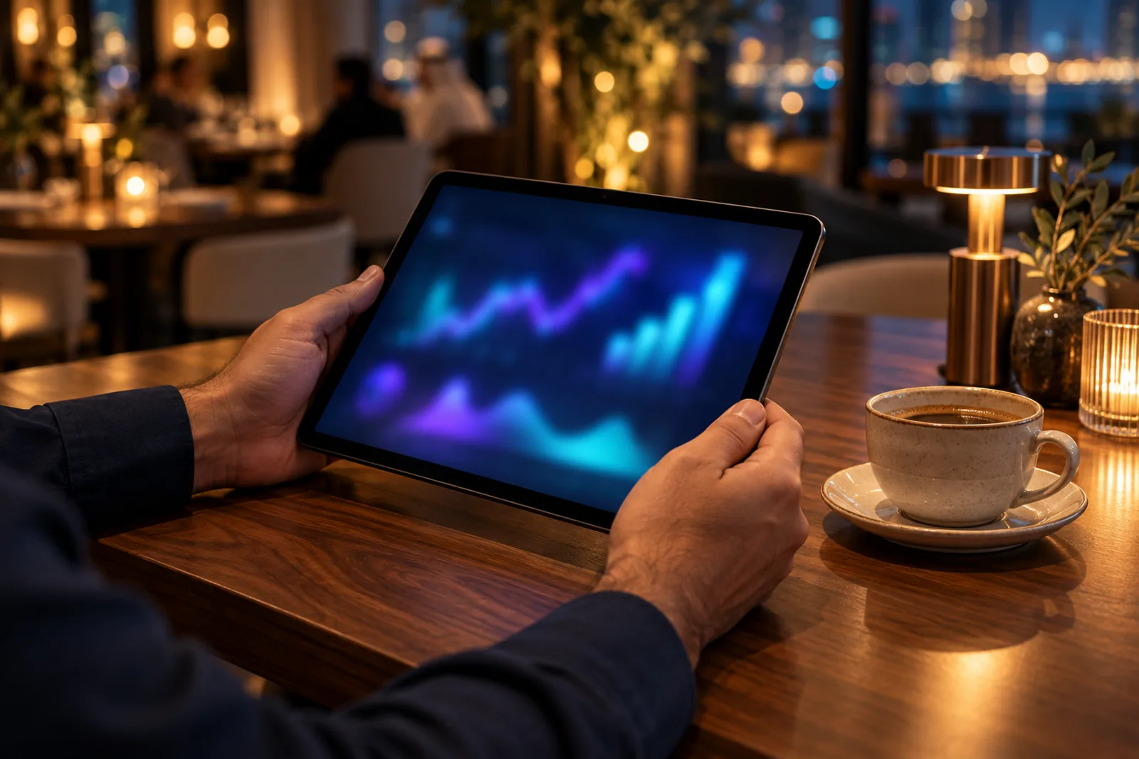 Manager viewing sales charts on a tablet