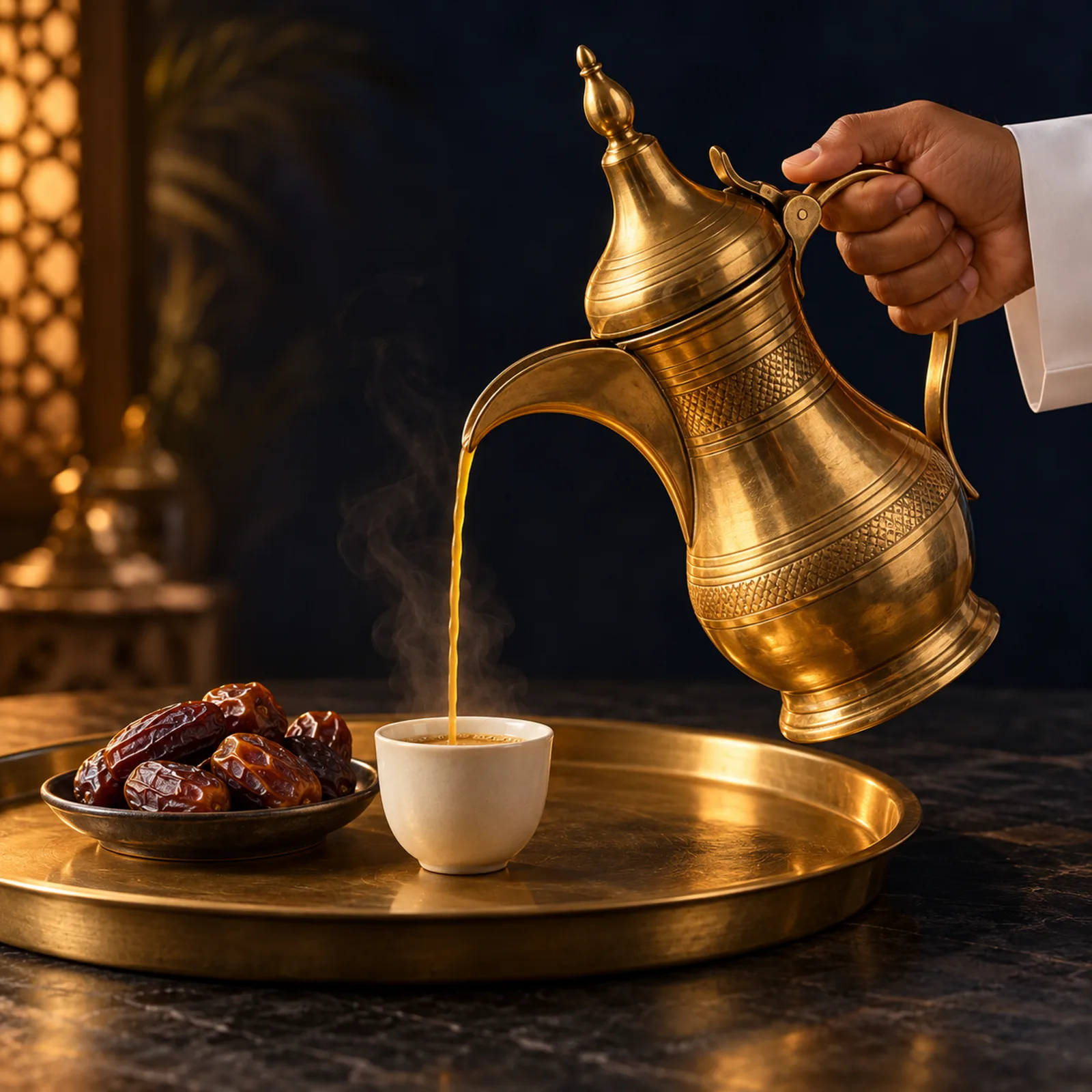 قهوة عربية تُصب من الدلة مع التمر