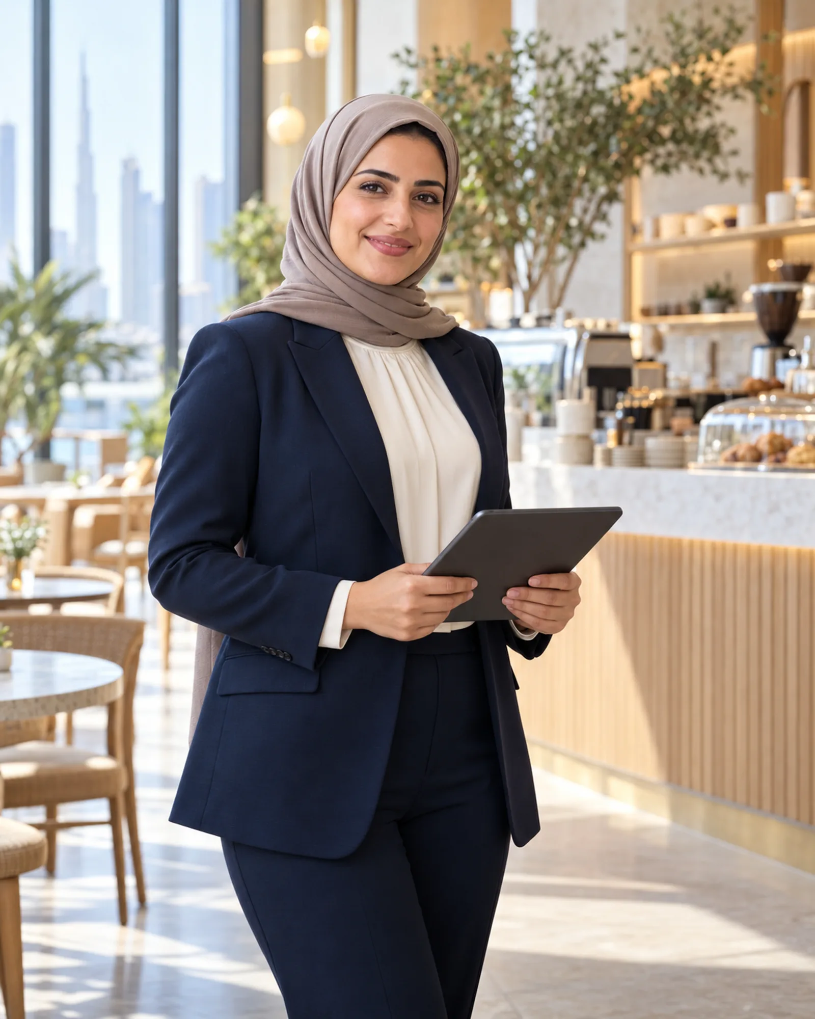 Operations manager holding a tablet in a café